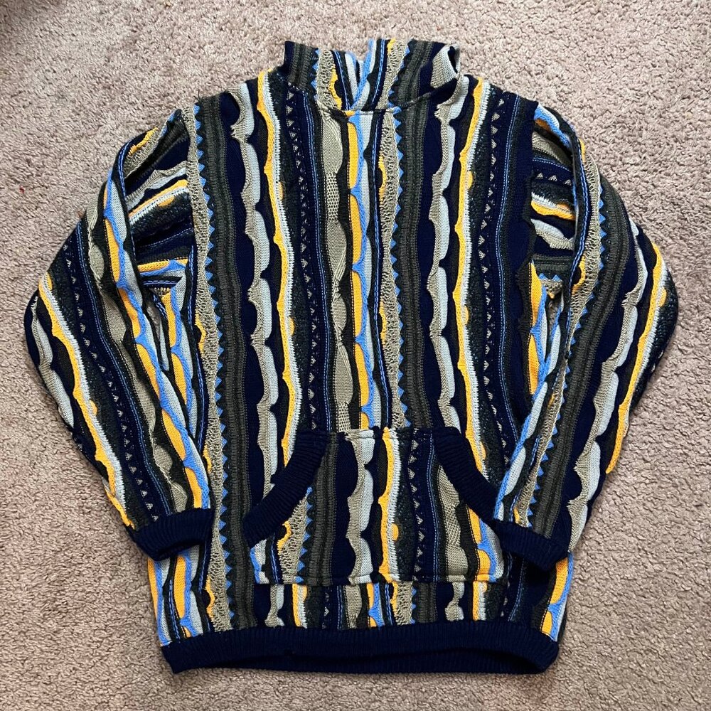 Coogi Inspired 3D Knit Hoodie Multicolor Textured Sweater Streetwear Y2K Hip Hop